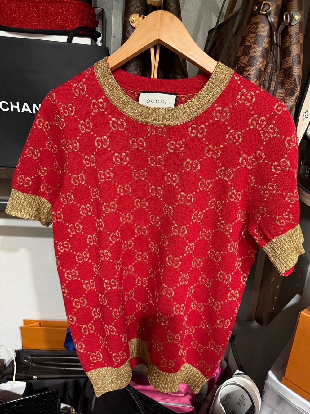 Gucci Red Short-Sleeve GG Knit Sweater with Gold Trim